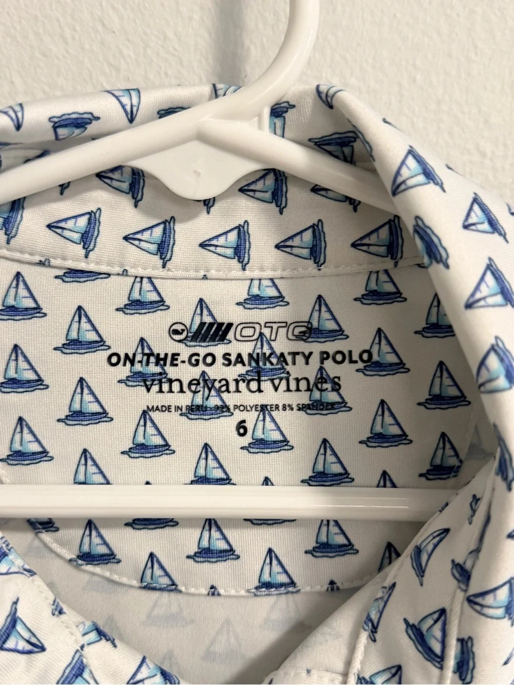 Vineyard Vines White Polo with Blue Sailboat Print